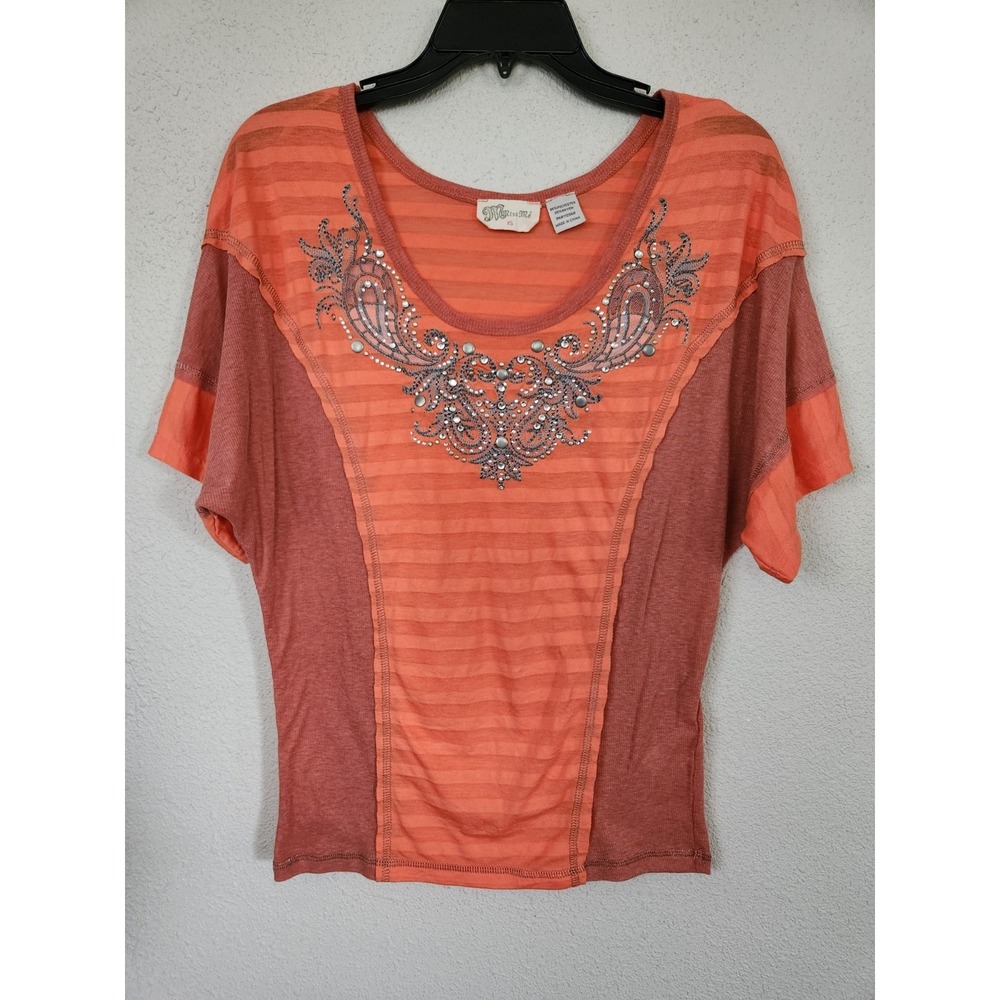 Miss Me Short Sleeve Orange Shirt Rhinestone Neck Womens XS Relaxed